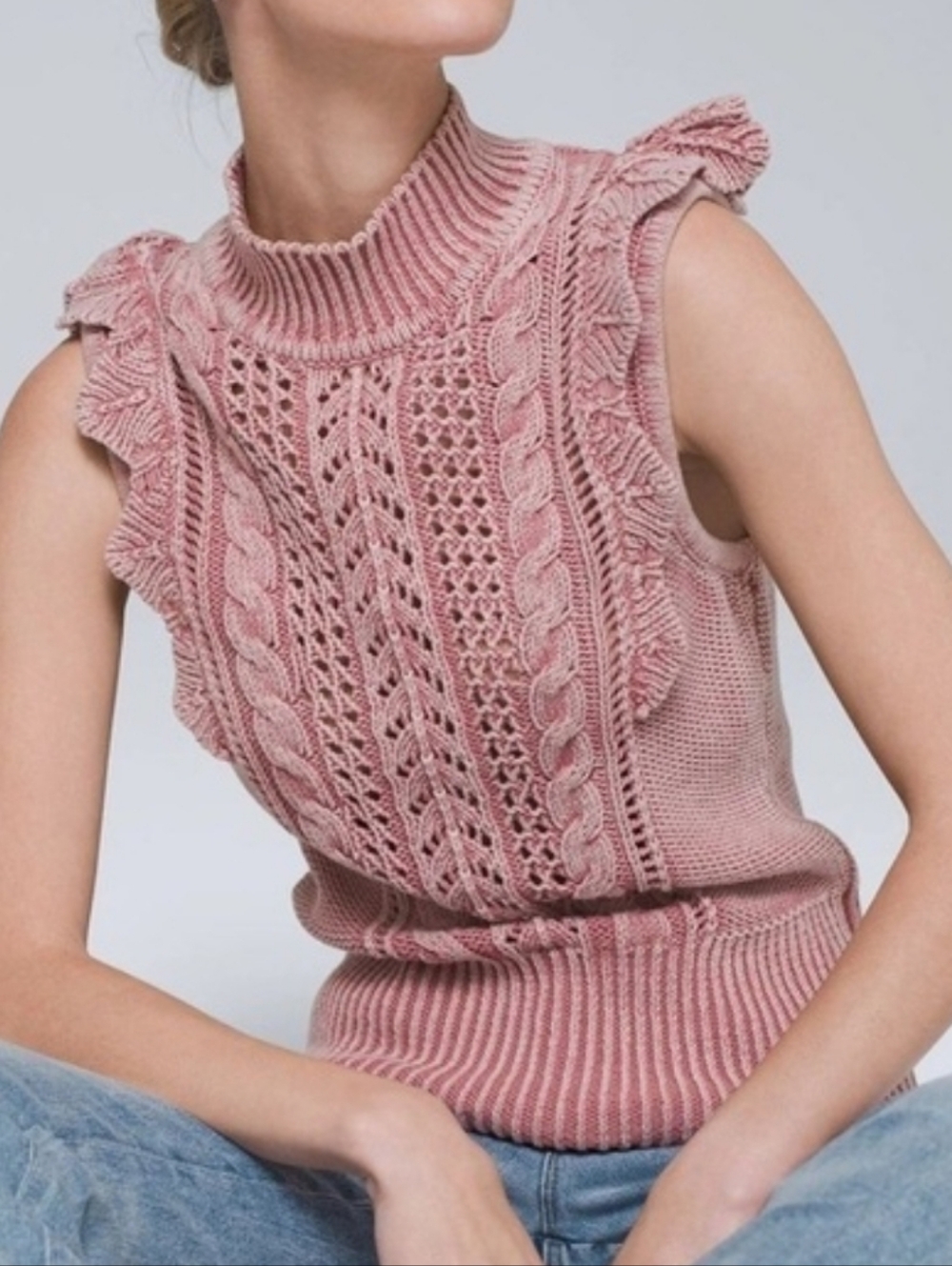 White House Black Market Mauve Sleeveless Cabled Mock Neck Sweater 100% Cotton